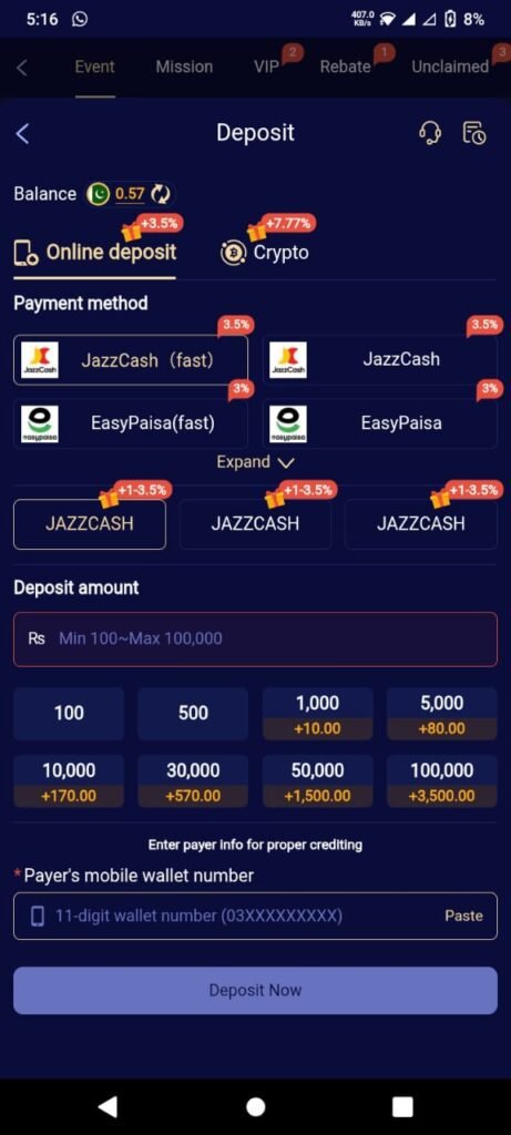 RS778 Game deposit options