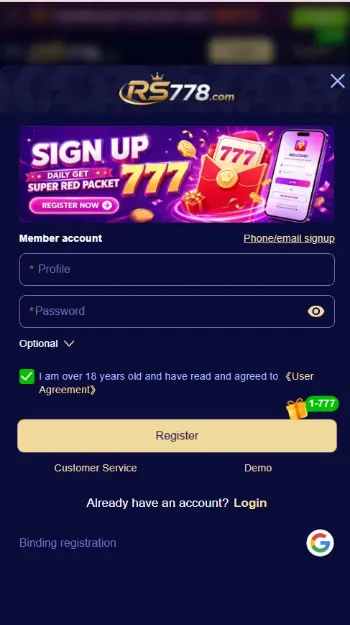 RS778 Game signup and account registration page